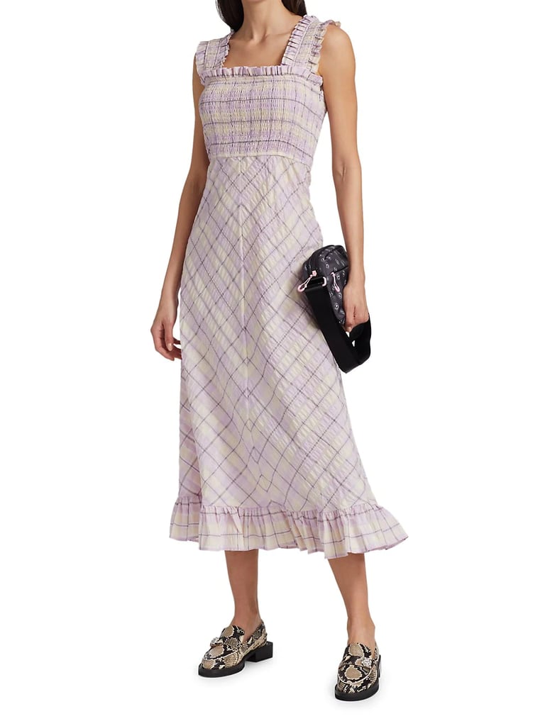 Ganni Seersucker Check Smocked Midi Dress