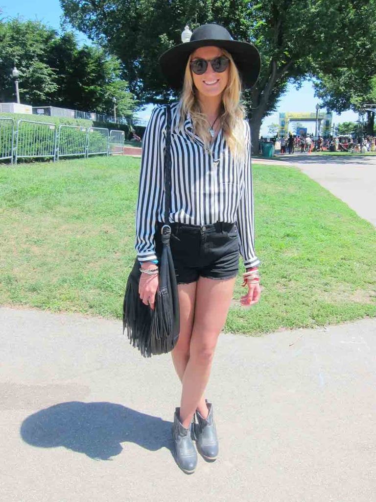 As with the rest of the world, black and white is a color combination not lost on Lollapalooza fans. Anya played up the trend with a vintage shirt, H&M shorts, and an American Apparel floppy hat.