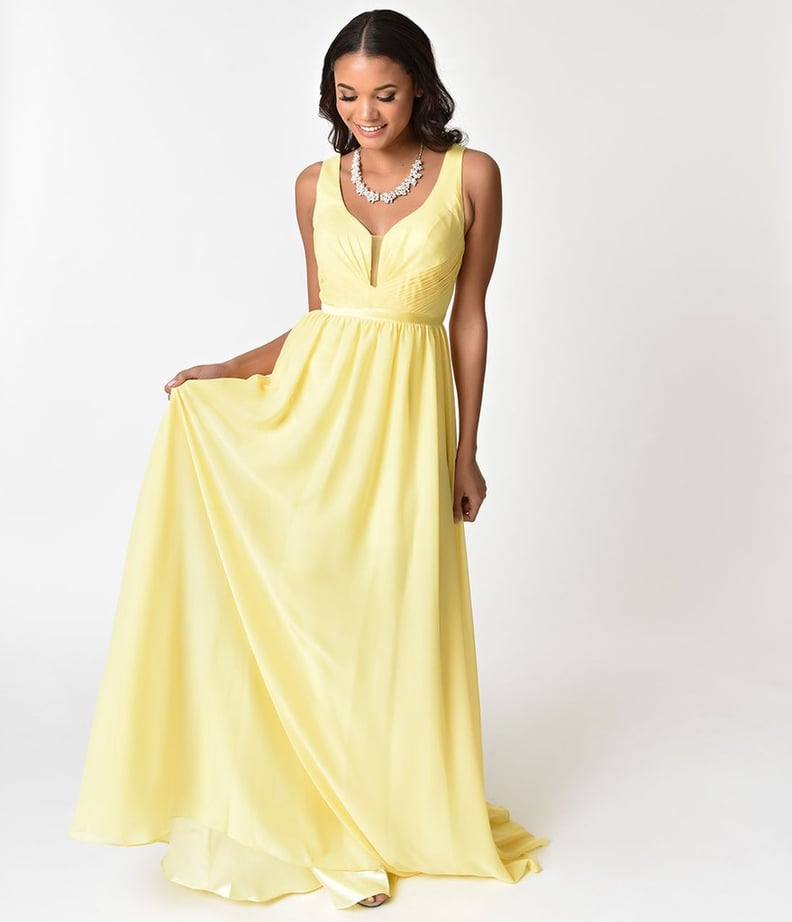 Yellow Deep V-Neckline Sleeveless Chiffon Prom Gown