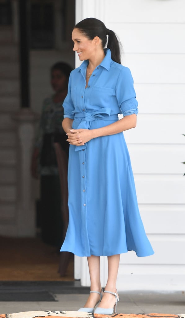 Meghan Markle Work Outfit Idea: A Mid-Length Shirt Dress and Heels