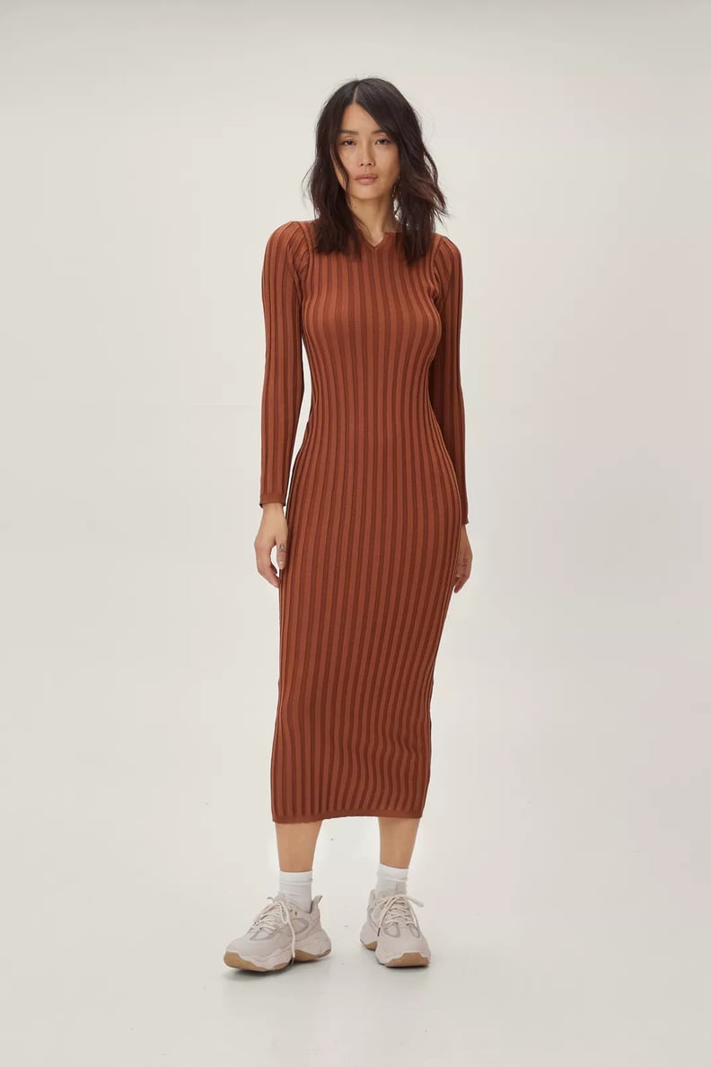 For Everyday Wear: Nasty Gal Notch Neck Ribbed Knitted Midi Dress