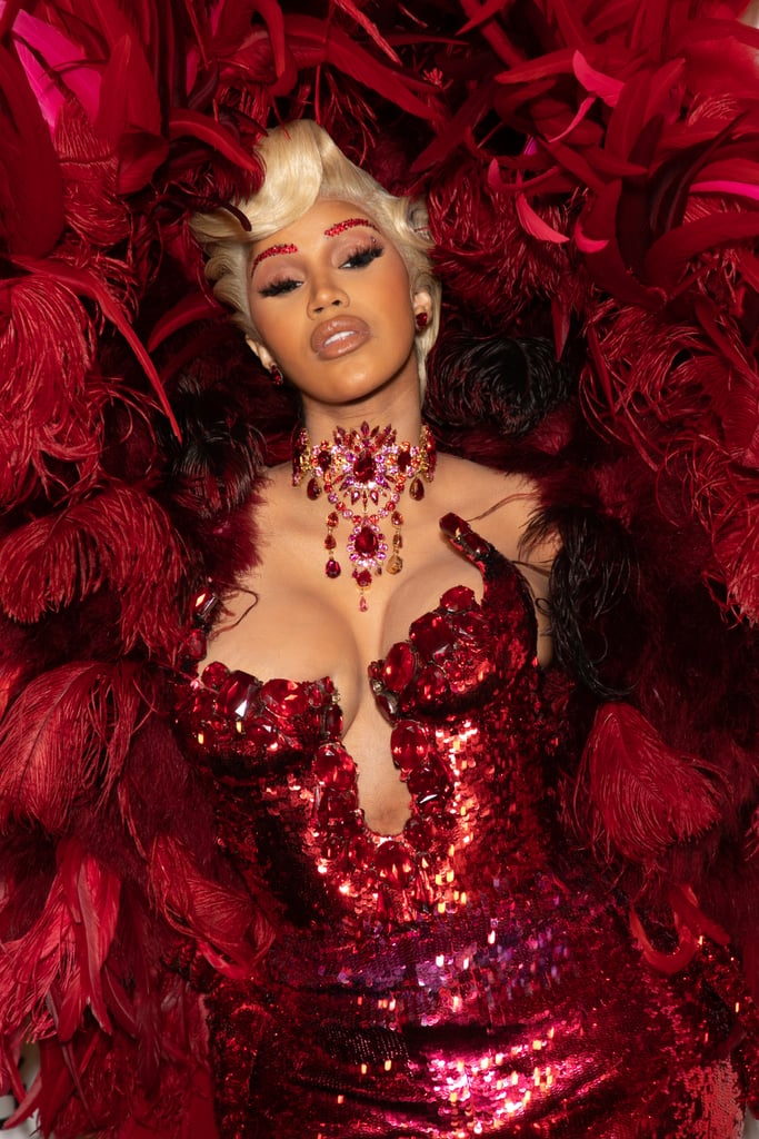 See Cardi B's Red Feathered Dress at Paris Fashion Week 2021