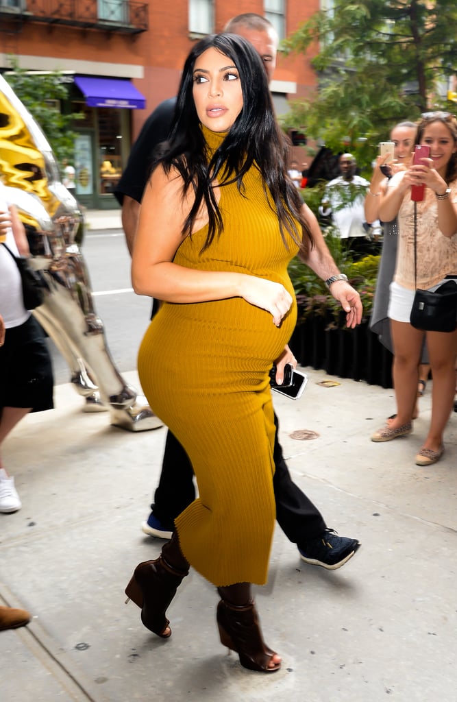 Kim showed us that a turtleneck tank dress works well for Fall, especially if it's mustard colored and you pair it with boots.