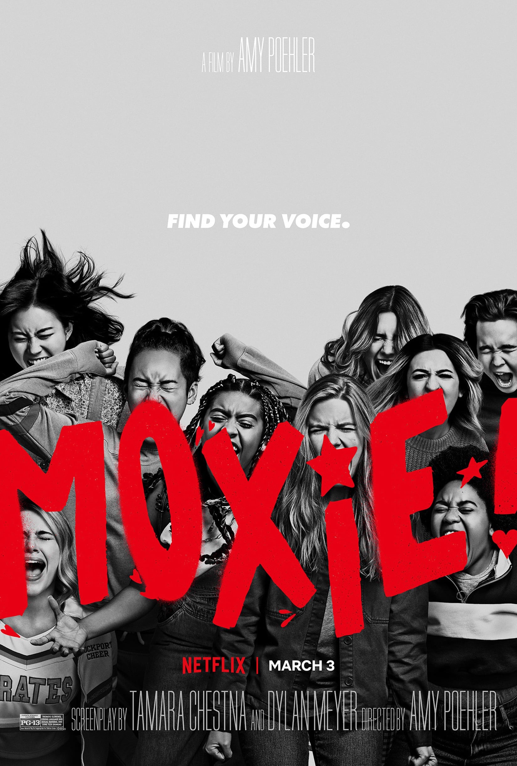 MOXIE, US poster, top from left: Lauren Tsai, Sydney Park, Alycia Pascual-Pena, Hadley Robinson, Sabrina Haskett, Josie Totah, Nico Hiraga; bottom left: Josephine Langford; bottom right: Anjelika Washington, 2021.  Netflix / Courtesy Everett Collection