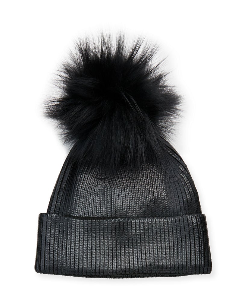 Jocelyn Metallic Fur-Pompom Beanie Hat