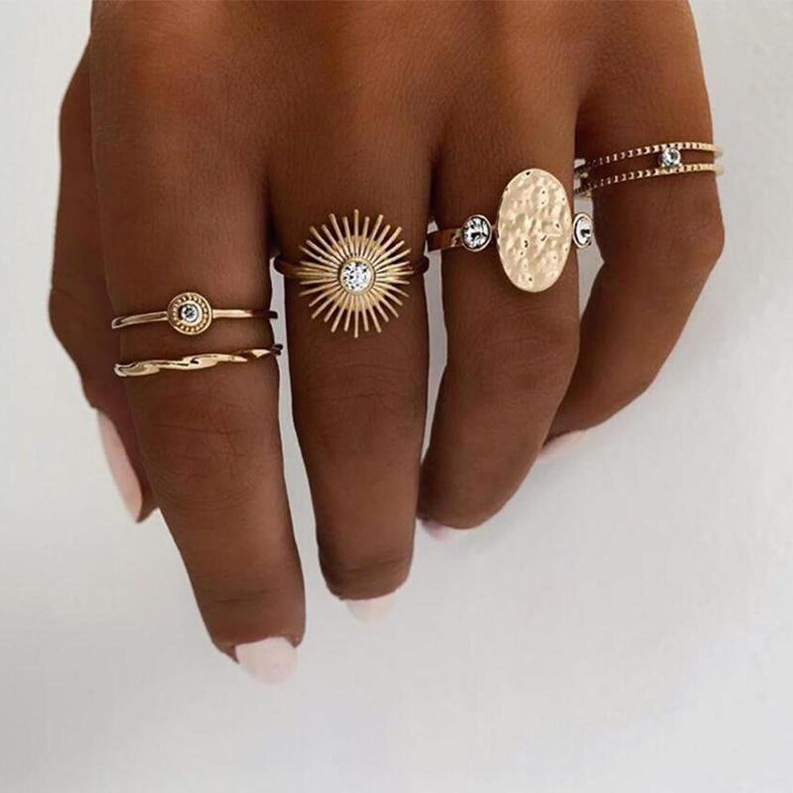 Fashion Boho Crystal Pearl Moon Star Ring Set For Women Geometric Knuckle  Finger Rings Female Trendy Party Jewelry