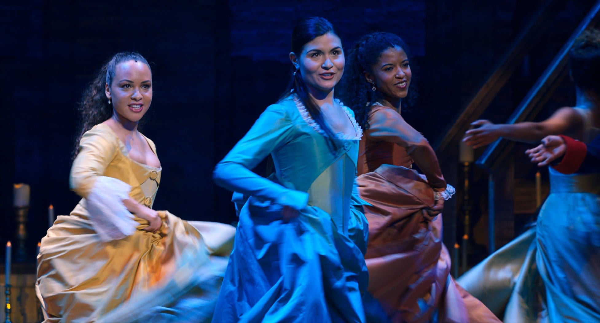 HAMILTON, from left: Jasmine Cephas Jones as Peggy Schuyler, Phillipa Soo as Eliza Hamilton, Renee Elise Goldsberry as Angelica Schuyler, 2020.  Disney+ / Courtesy Everett Collection