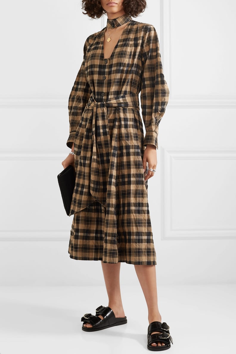 Ganni Belted Checked Seersucker Midi Dress