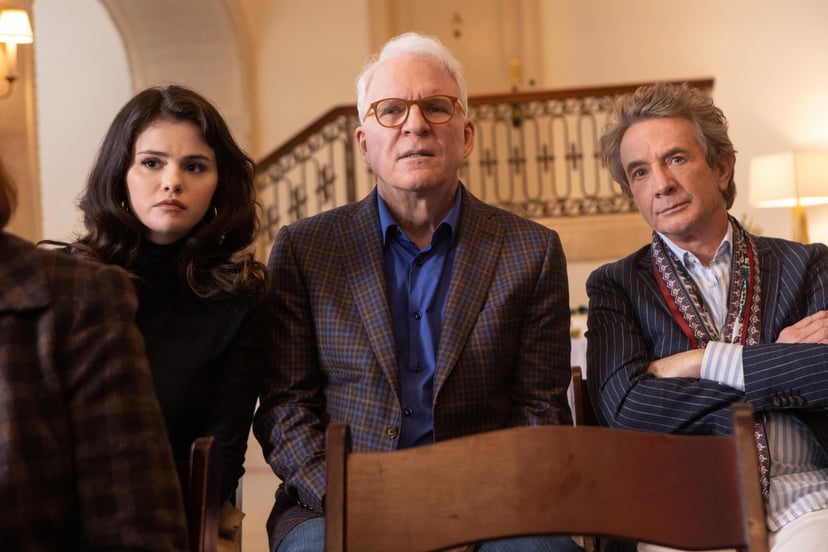 ONLY MURDERS IN THE BUILDING, from left: Selena Gomez, Steve Martin, Martin Short, Who is Tim Kono?', (Season 1, ep. 102, aired Aug. 31, 2021). photo: Craig Blankenhorn / Hulu / Courtesy Everett Collection