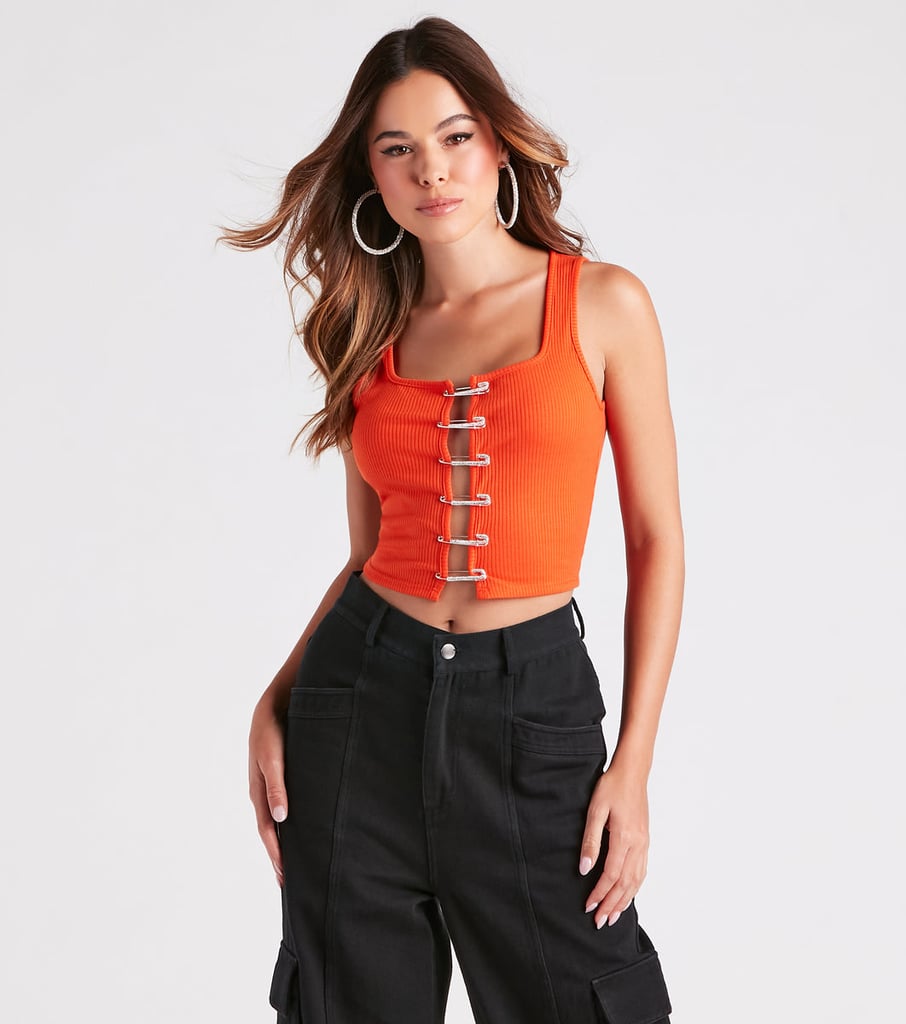 White Rib Safety Pin Fastened Crop Top