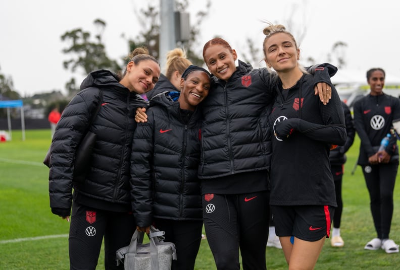AUCKLAND, NEW ZEALAND - JULY 20: Trinity Rodman #20, Crystal Dunn #19, Lynn Williams #6 and Kristie Mewis #22 of the United States pose for a photo before a USWNT training session at Bay City Park on July 20, 2023 in Auckland, New Zealand. (Photo by Brad 