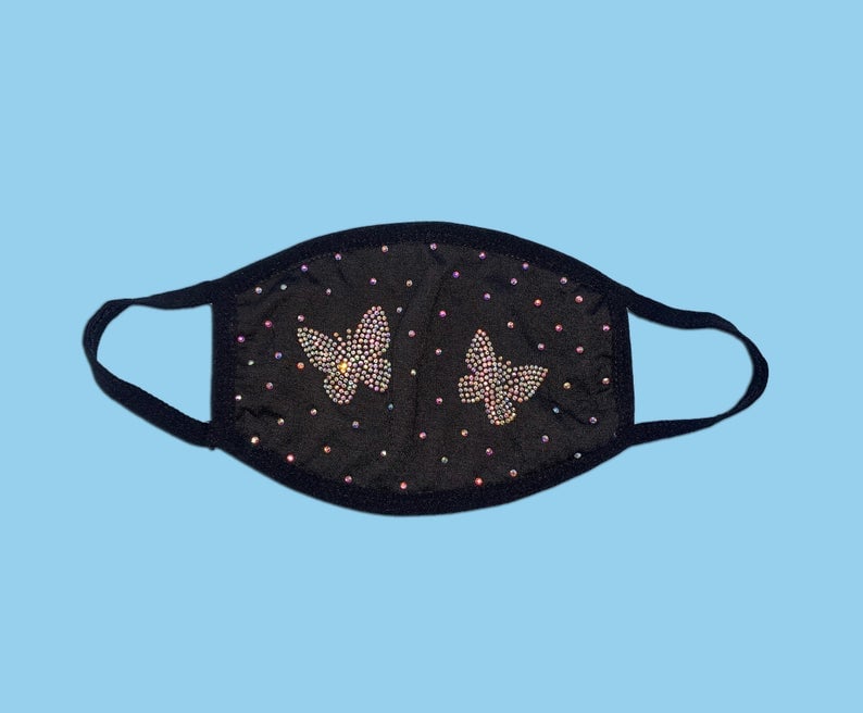 Deep End Dazzle Designer Butterfly Cotton Crystal Rhinestone Face Mask