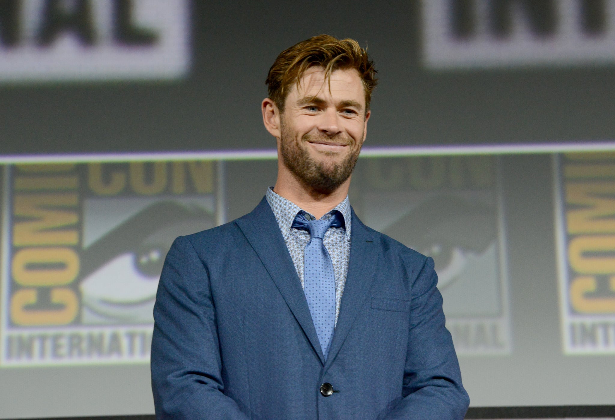 SAN DIEGO, CALIFORNIA - JULY 20: Chris Hemsworth speaks at the Marvel Studios Panel during 2019 Comic-Con International at San Diego Convention Centre on July 20, 2019 in San Diego, California. (Photo by Albert L. Ortega/Getty Images)