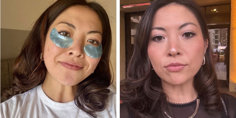 Two side-by-side photos show before and after makeup for a gala dinner