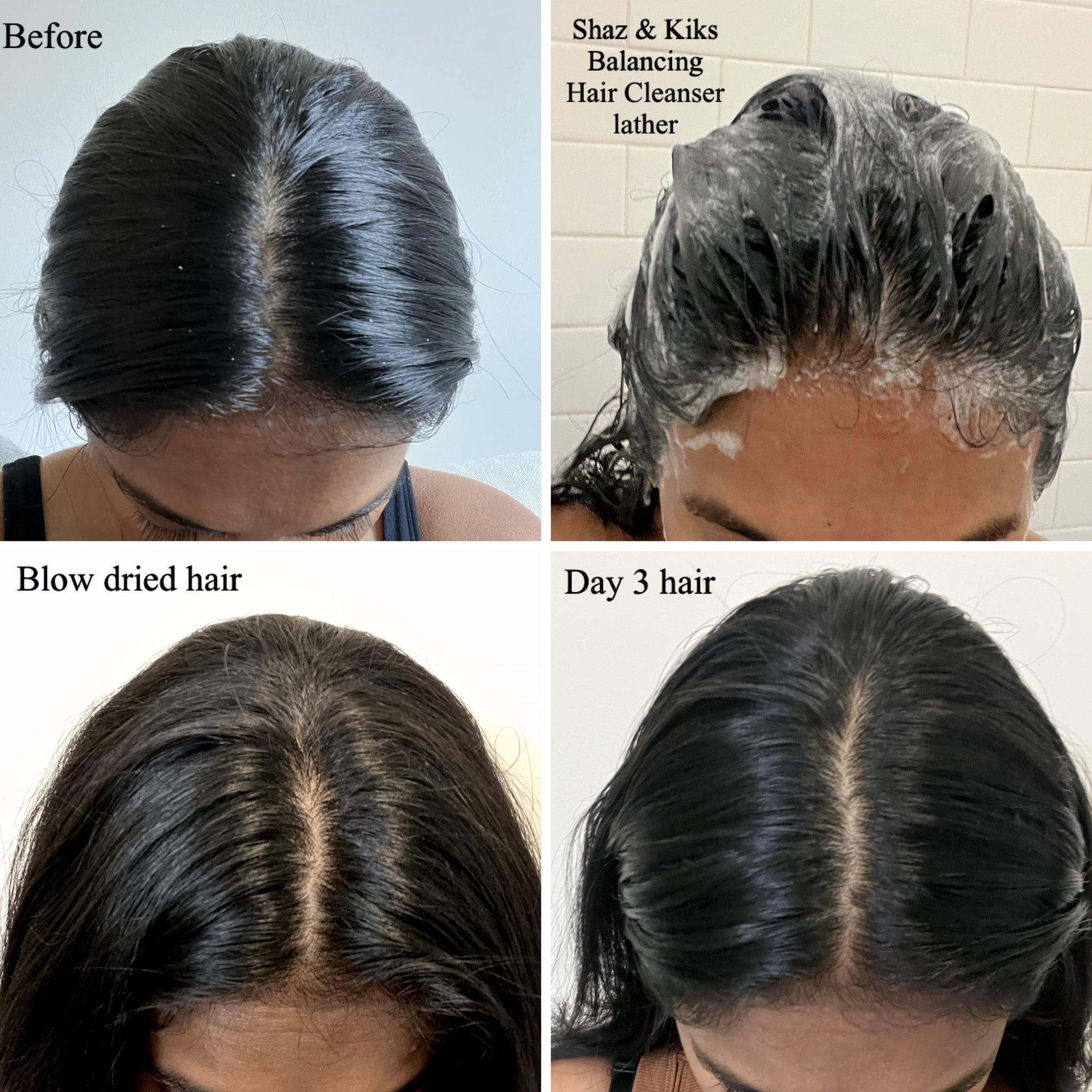 Before, during, and after using the Shaz & Kiks Unearth Yourself Balancing Clay Hair Cleanser Shampoo.