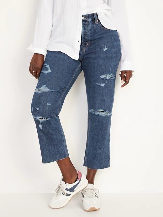 Old Navy High-Waisted Slouchy Straight Cropped Ripped Dark-Wash Jeans