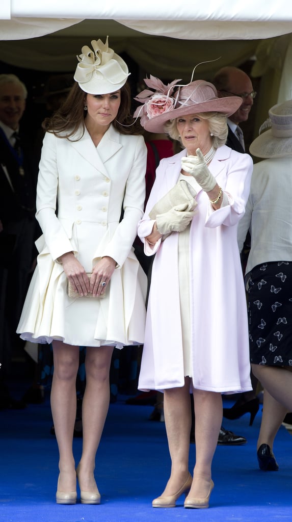 Kate Middleton wore a white Alexander McQueen coatdress and Jane Corbett hat to last year's Order of the Garter service.