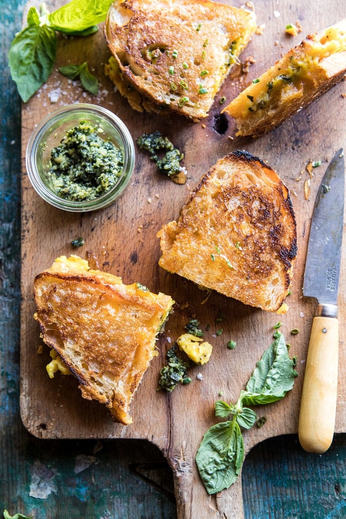 Breakfast Grilled Cheese With Soft Scrambled Eggs and Pesto