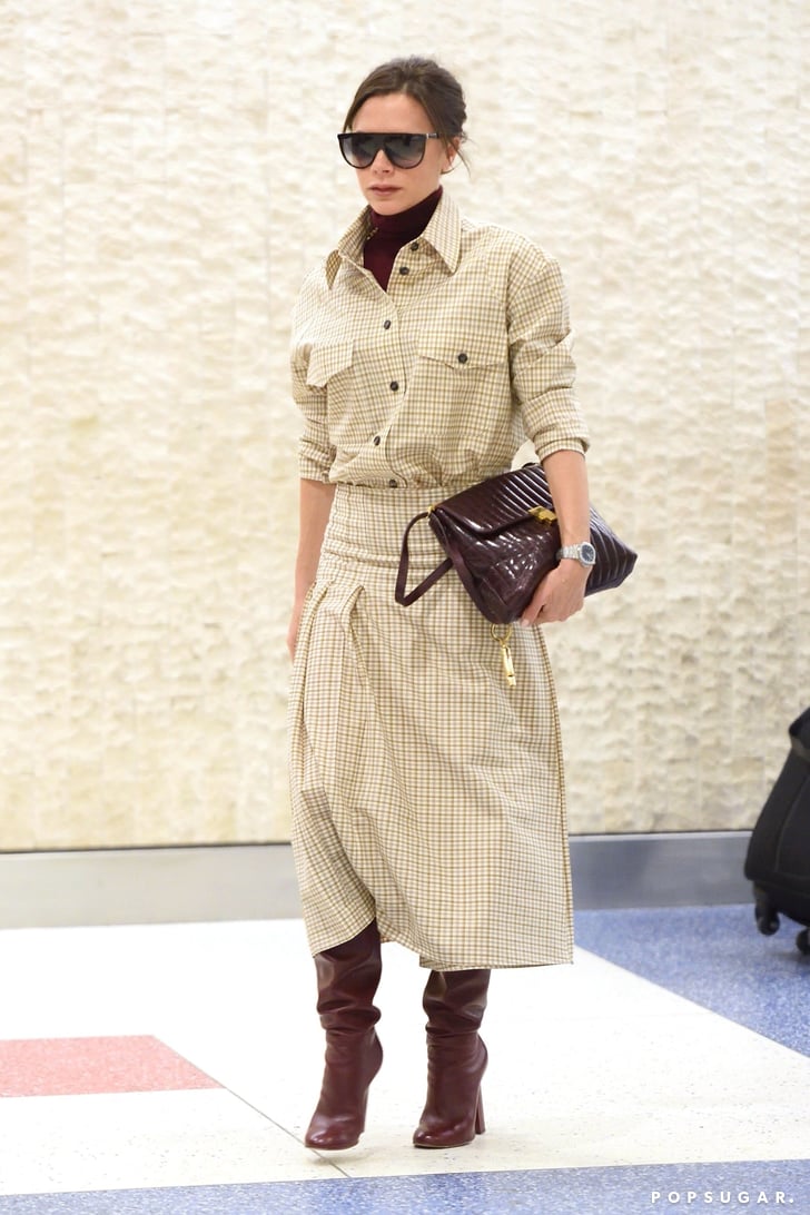 Victoria Beckham Wearing Checked Skirt and Shirt