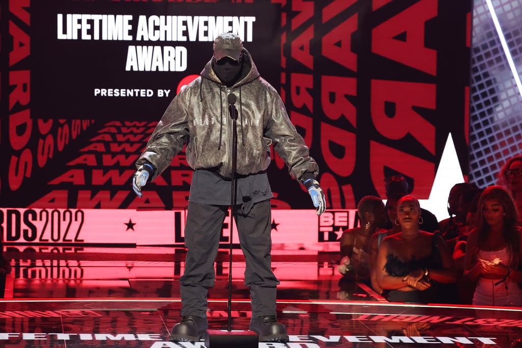 Kanye West Speaking Onstage During The 2022 Bet Awards See Kanye West