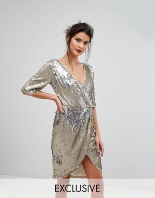 Asos TFNC Wrap Over Sequin Midi Dress