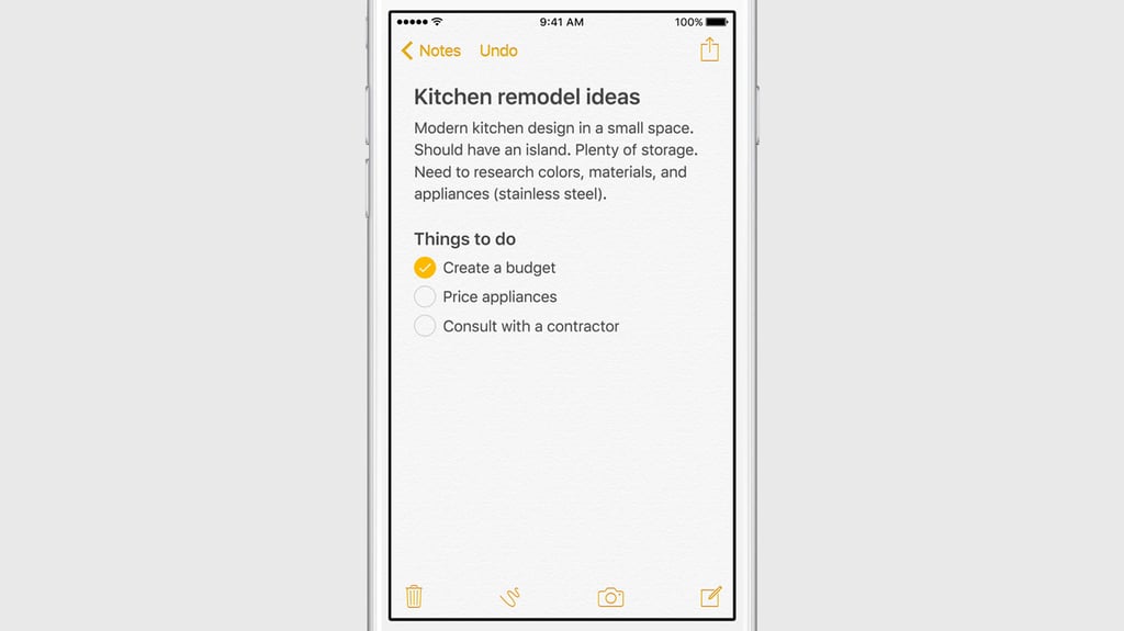 "Add a checklist of to-do items in Notes with just a tap."