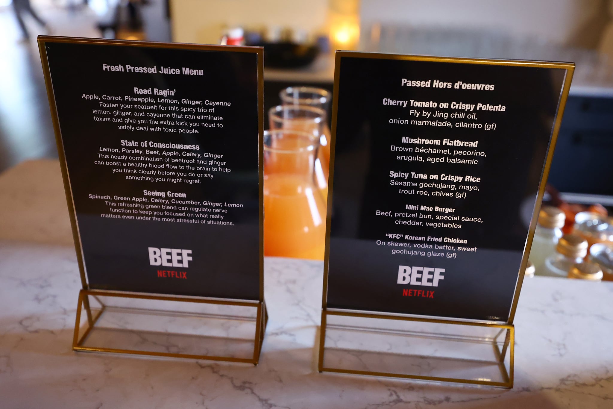 NEW YORK, NEW YORK - APRIL 05: A view of the juice bar and passed hors d'oeuvres menus during Netflix's BEEF 