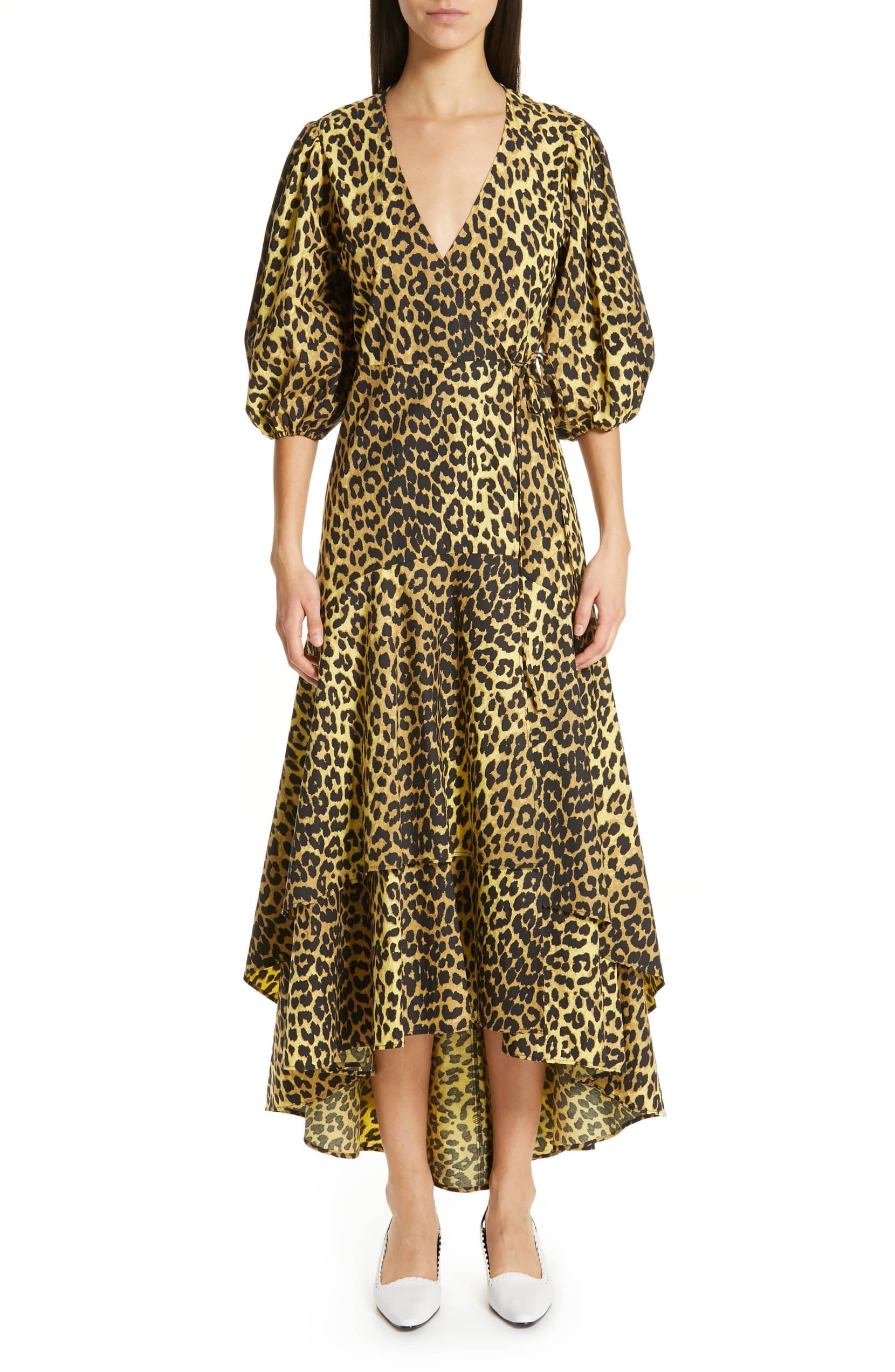 Ganni Leopard Print Cotton Wrap Dress ...