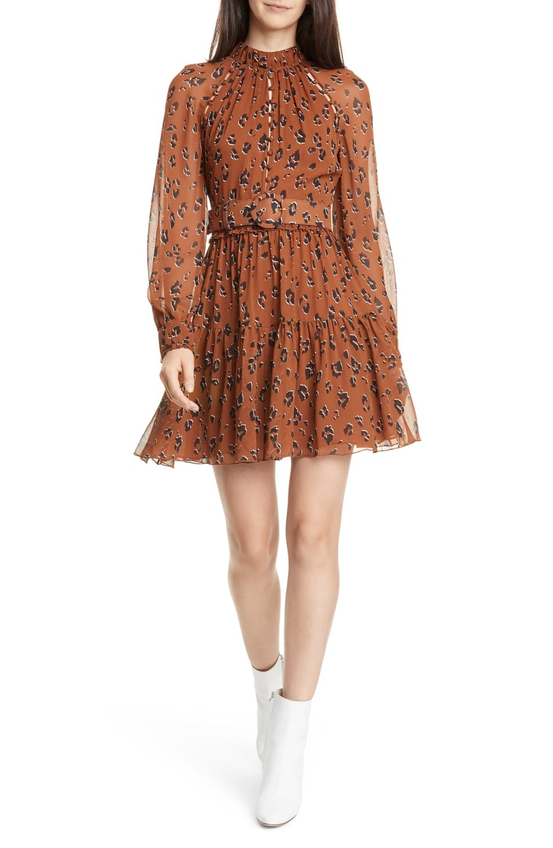 Nicholas Leopard Print Long Sleeve Belted Silk Minidress