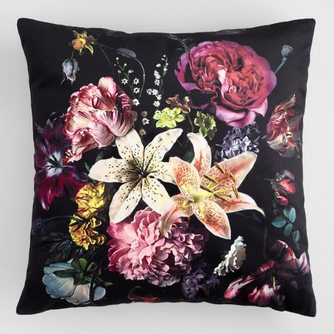 Black Floral Bouquet Velvet Throw Pillow