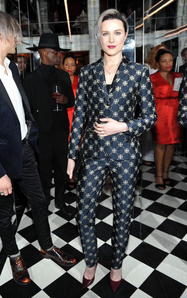 Evan Rachel Wood showed off a printed suit while celebrating the Globes at W's party.