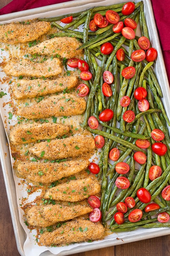Sheet-Pan Roasted Garlic Parmesan Chicken Tenders With Green Beans and Tomatoes