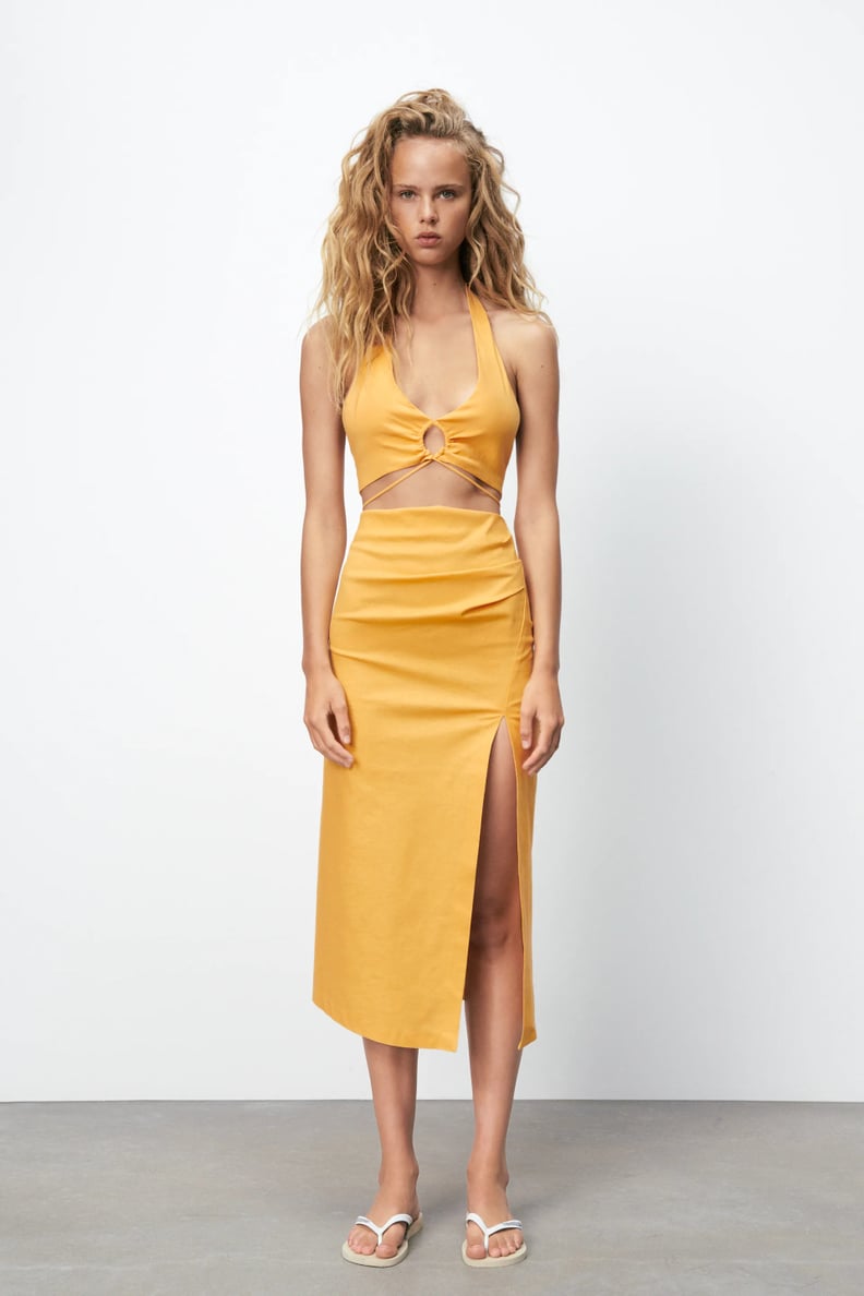 Sunny and Vibrant: Zara Linen Blend Crop Top and Skirt With Ruching
