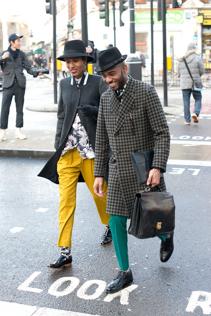 His and hers menswear that made a statement with bright trousers and smart hats.