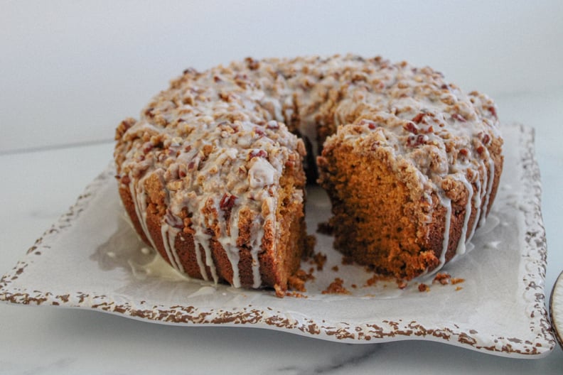 pumpkin crumb cake: finished recipe with slice taken out