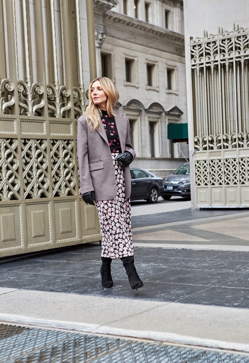 Winter Outfit Formula: Turtleneck + Coat + Blazer + Slip Skirt + Tall Boots + Gloves