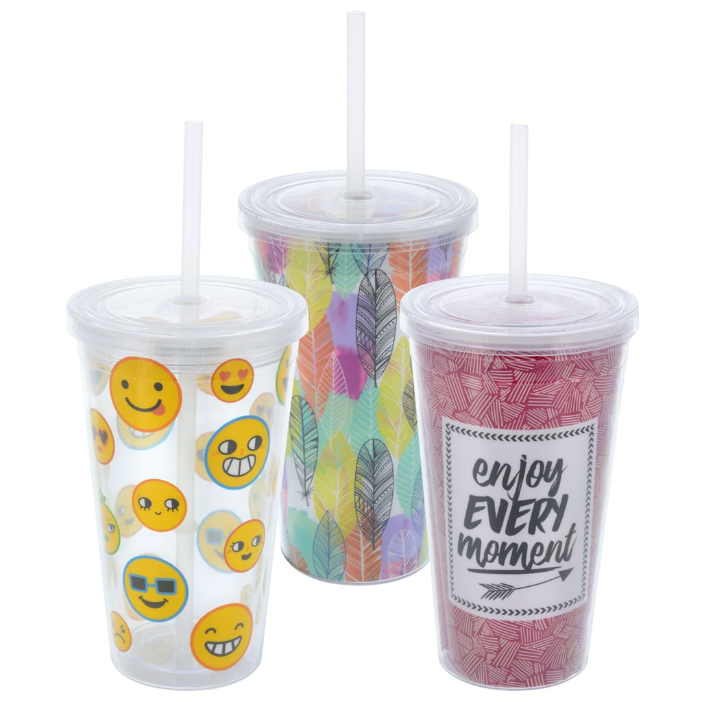 Decorative Double-Wall Plastic Tumblers With Lids and Straws ($1 each)