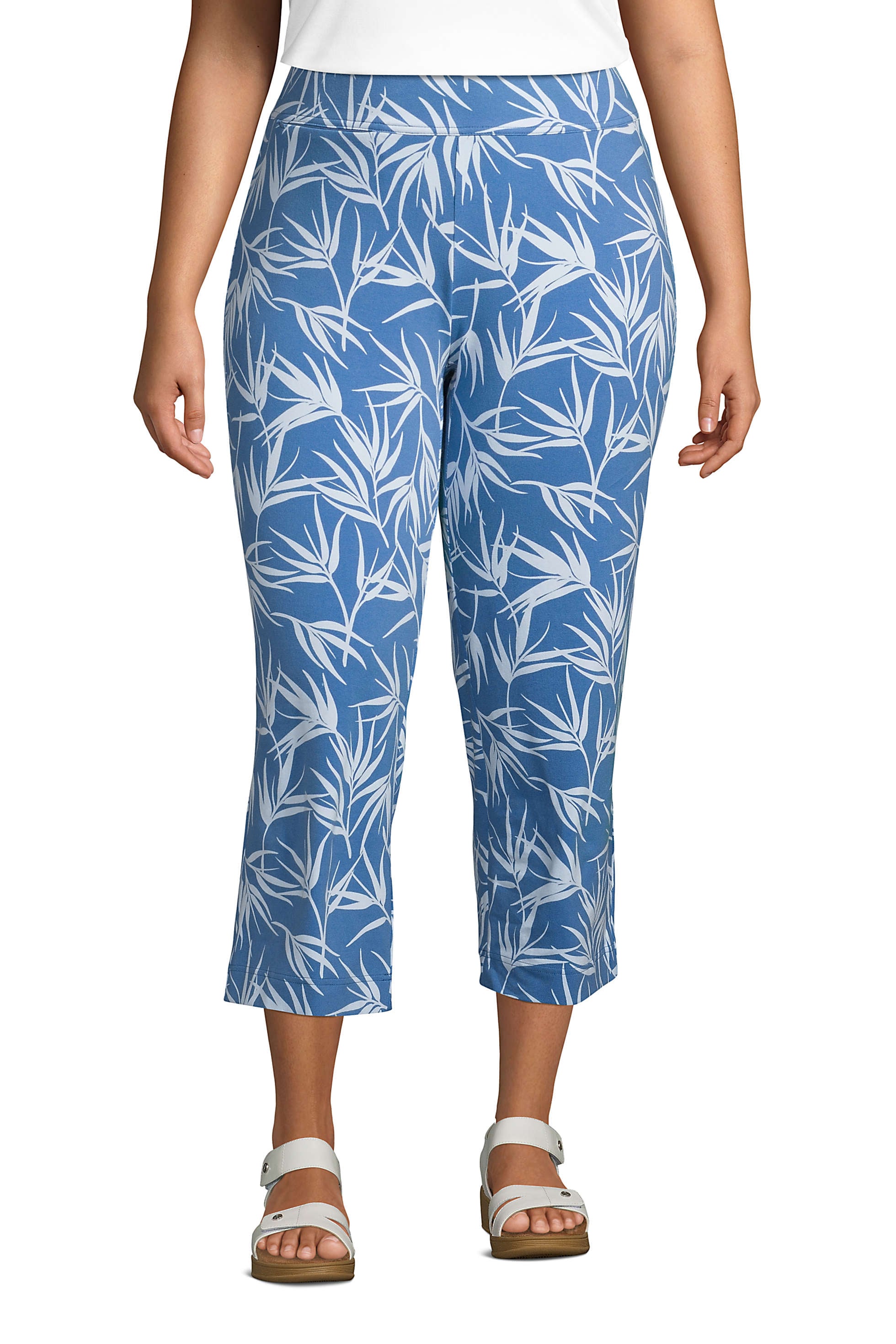 Lands End Women's Plus Size Starfish Elastic Waist Pull On Crop Pants Print