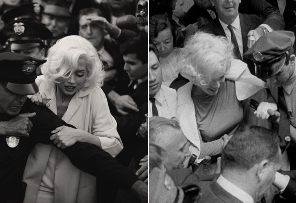 De Armas (L) portrays Monroe(R) as she leaves the Polyclinic Hospital in New York City in June of 1961 after gallbladder surgery.