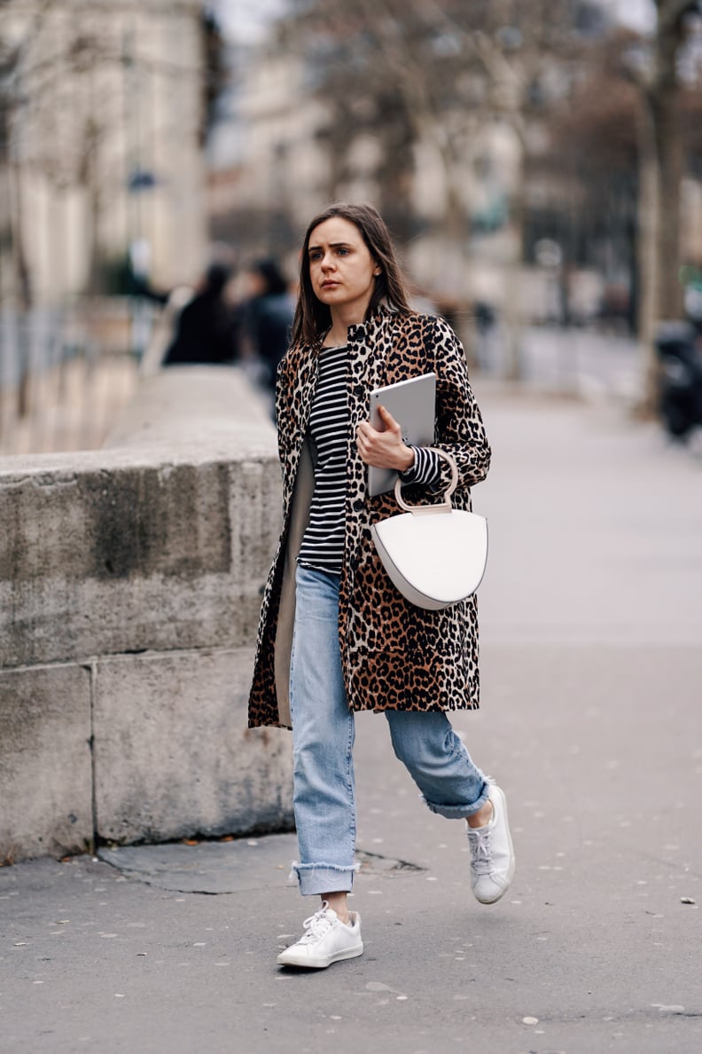 Style Your Leopard-Print Coat With: A Striped Tee, Jeans, and Sneakers
