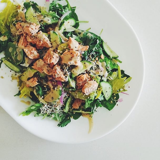 While sprouts, hemp, and buckwheat add extra texture and nutrients to this salad, a serving of salmon provides heart-healthy omega-3s. Perfect for a post-workout dinner. 
Source: Instagram user whataidanate