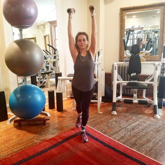 Why it’s effective: “I really love this combination move because the resistance hip extensions shape, tone, and tighten your butt without engaging your quadriceps (your quads won’t get any bigger!). The overhead side laterals shape, tone, and sculpt the outer part of your shoulders, your arms, and your core.”