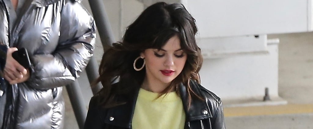 Selena Gomez Wearing Leather Jacket and Yellow Sweater