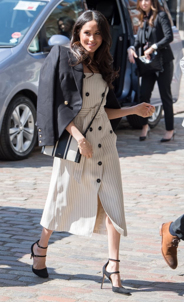 A trench-style silhouette, like the one Meghan chose for an event in April 2018, is one the royal gravitates toward often.