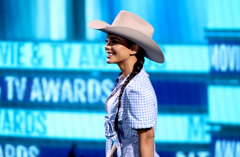 Vanessa Hudgens in a Blue Floral Dress at the MTV Movie & TV Awards