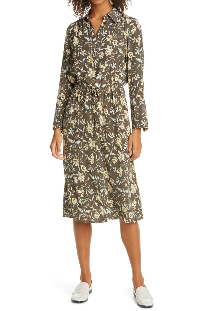 Club Monaco Floral Long Sleeve Drawstring Waist Silk Satin Shirtdress