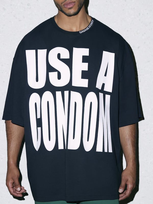 Savage X Fenty Use a Condom Oversized Graphic Tee in Black Caviar