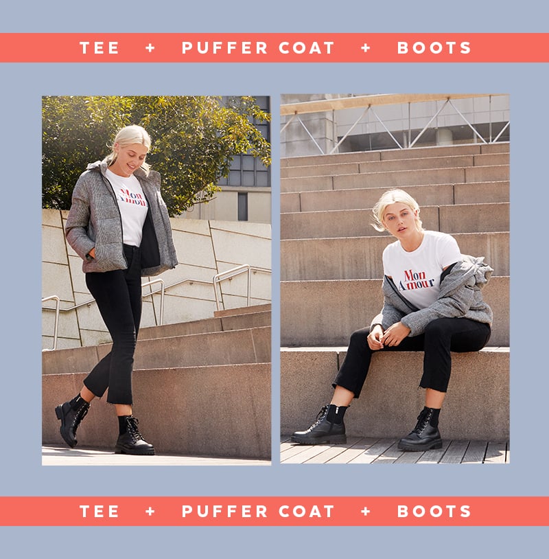 Puffer coats peaked in popularity last year, and they continue to be a hot commodity in 2019. Shake things up by styling your favorite puffer as if it's a blazer. You can't go wrong with a simple tee and boots combination, which in itself allows for limitless creative freedom. Whether you opt for a solid or graphic tee or thigh-high or lace-up boots, this formula is all sorts of stylish.
To complete your look, feel free to venture away from jeans. You may even want to throw a curveball into the mix in the form of a miniskirt, joggers, or leather trousers.