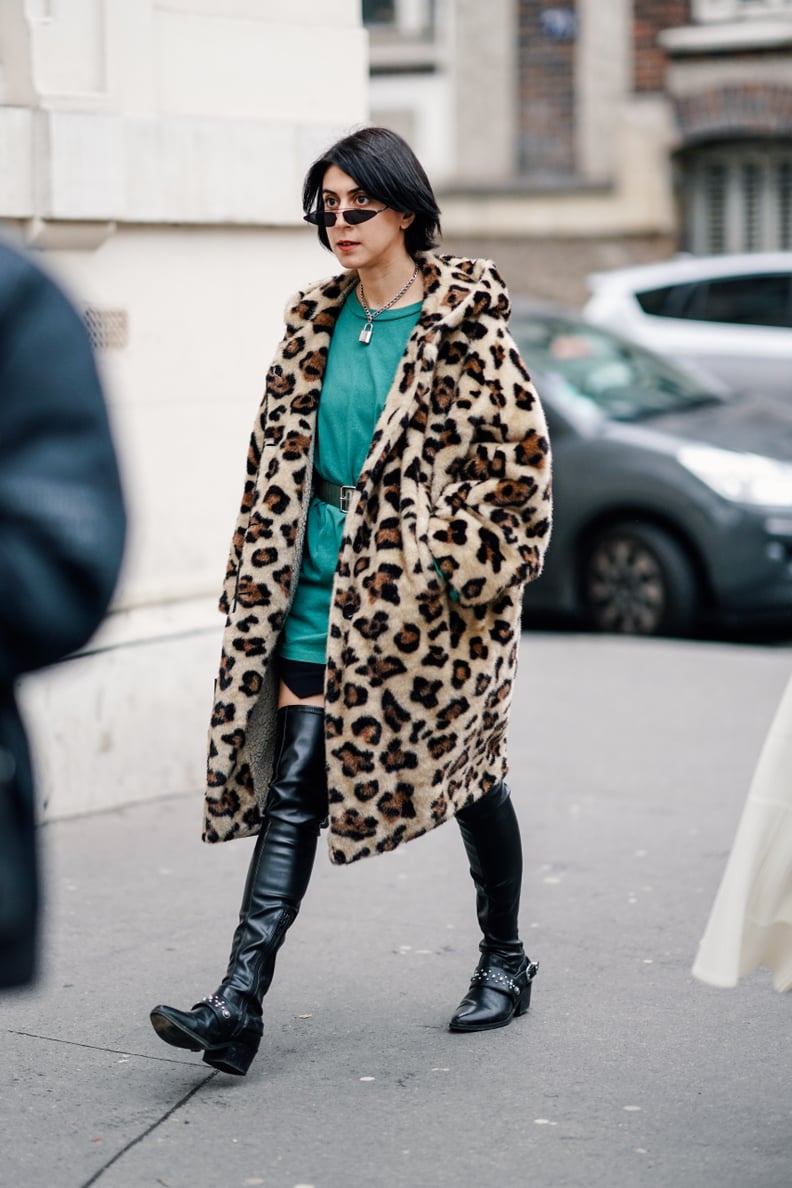 Style Your Leopard-Print Coat With: A Bright Minidress and Over-the-Knee Boots