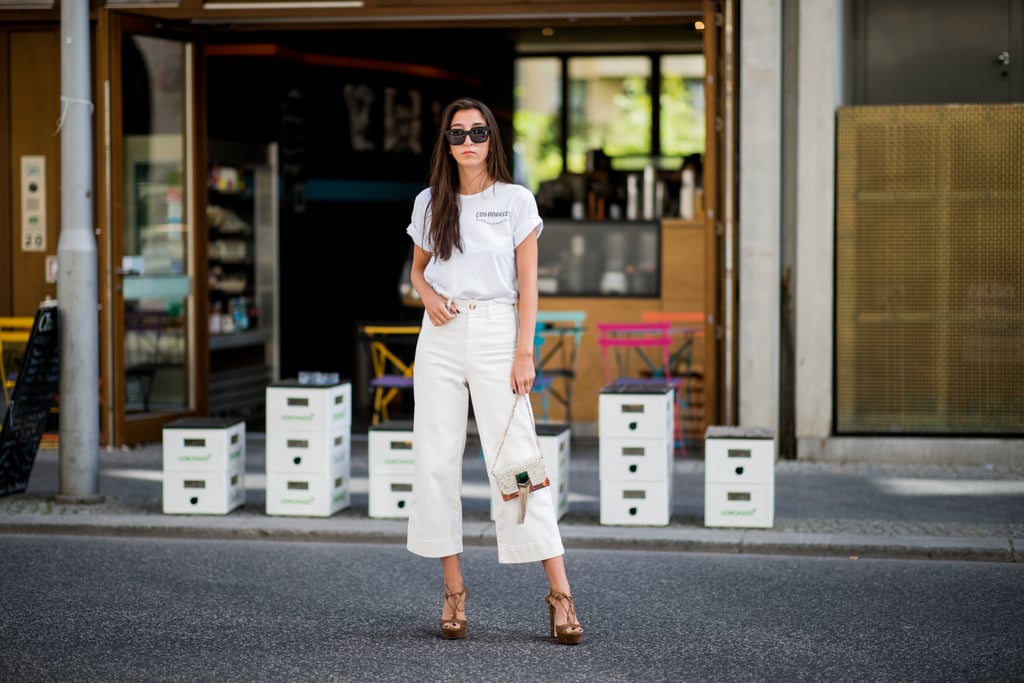 A White Wide-Leg Pair With a White T-Shirt and Brown Strappy Sandals